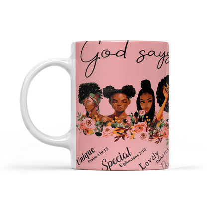 Black Girls God Says You are Unique Special Lovely Precious Satin White Edge-to-Edge Mug