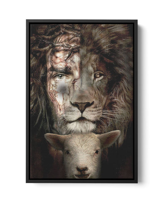 Framed Matte Canvas Jesus Lion And Lamb