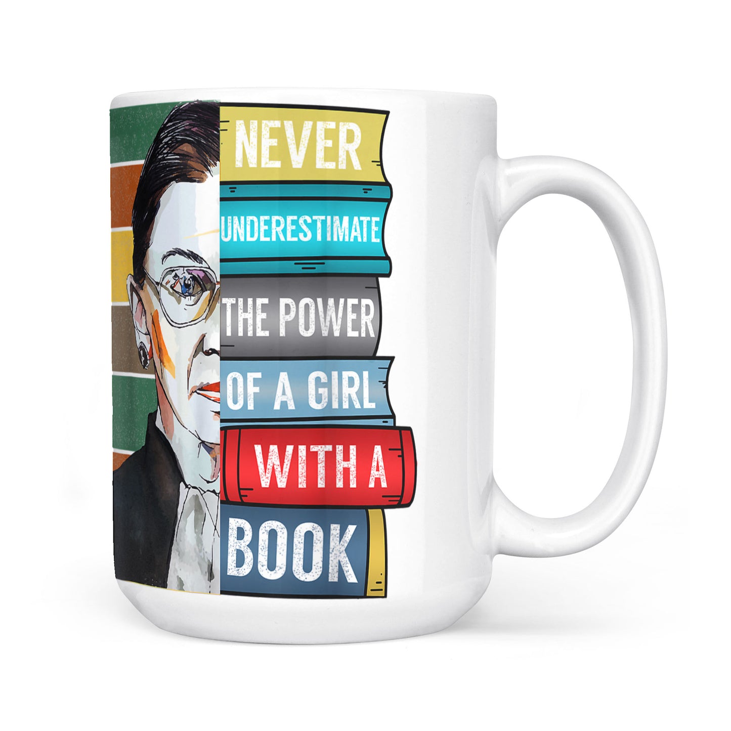 Ruth Bader RBG Never Underestimate Power of Girl With Book - White Edge-to-Edge Mug