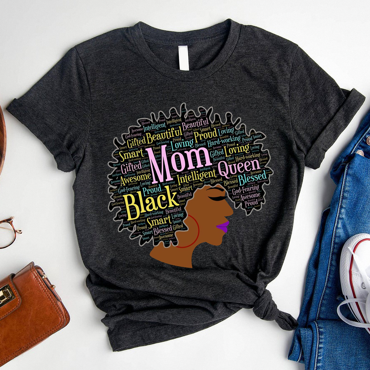 Black Queen Words in Afro Gift for Black Mom on Mother's Day Standard T-Shirt