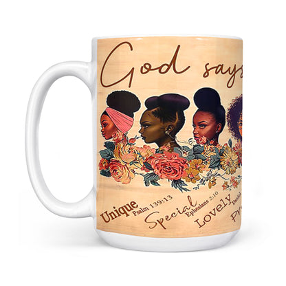 Black Girls God says you are unique special lovely precious strong chosen forgiven White Edge-to-Edge Mug