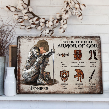 Personalized Custom Name, Skin Tone And Hairstyles Woman Warrior Of God of God Put On The Full Armor of God Ephesians 6-10 Metal Sign Metal Sign