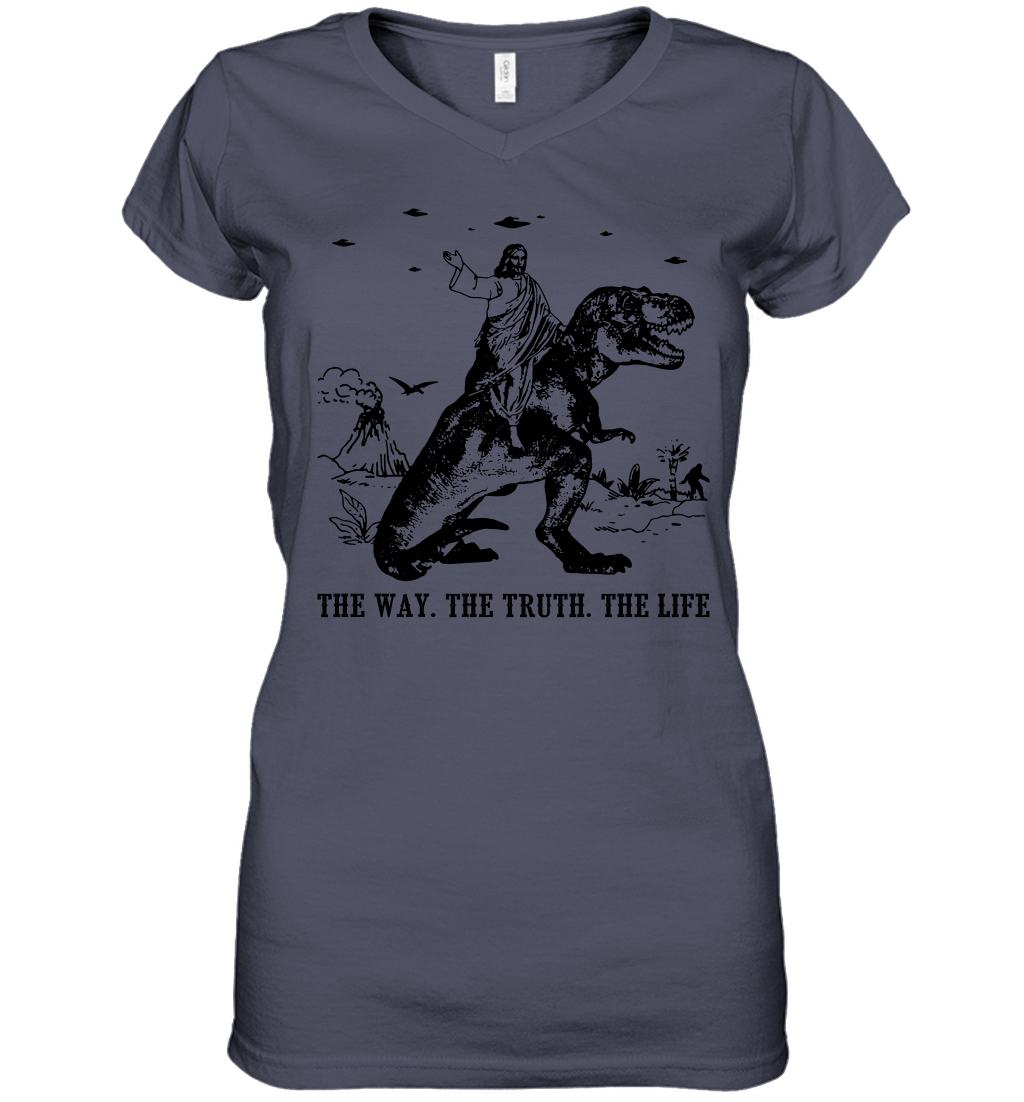 Jesus Riding Dinosaur The Way. The Truth. The Life Women's V-Neck T-Shirt