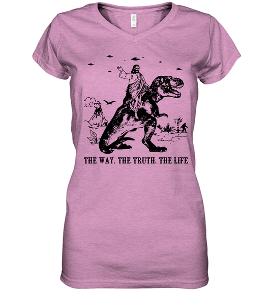 Jesus Riding Dinosaur The Way. The Truth. The Life Women's V-Neck T-Shirt