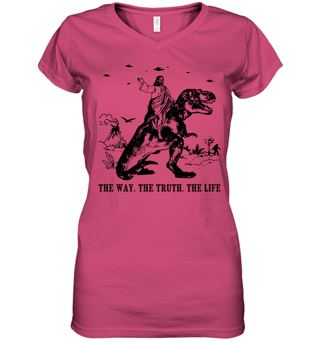 Jesus Riding Dinosaur The Way. The Truth. The Life Women's V-Neck T-Shirt