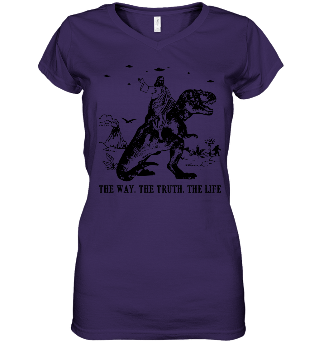 Jesus Riding Dinosaur The Way. The Truth. The Life Women's V-Neck T-Shirt