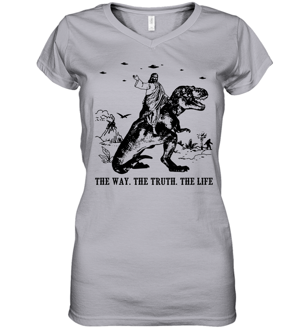 Jesus Riding Dinosaur The Way. The Truth. The Life Women's V-Neck T-Shirt