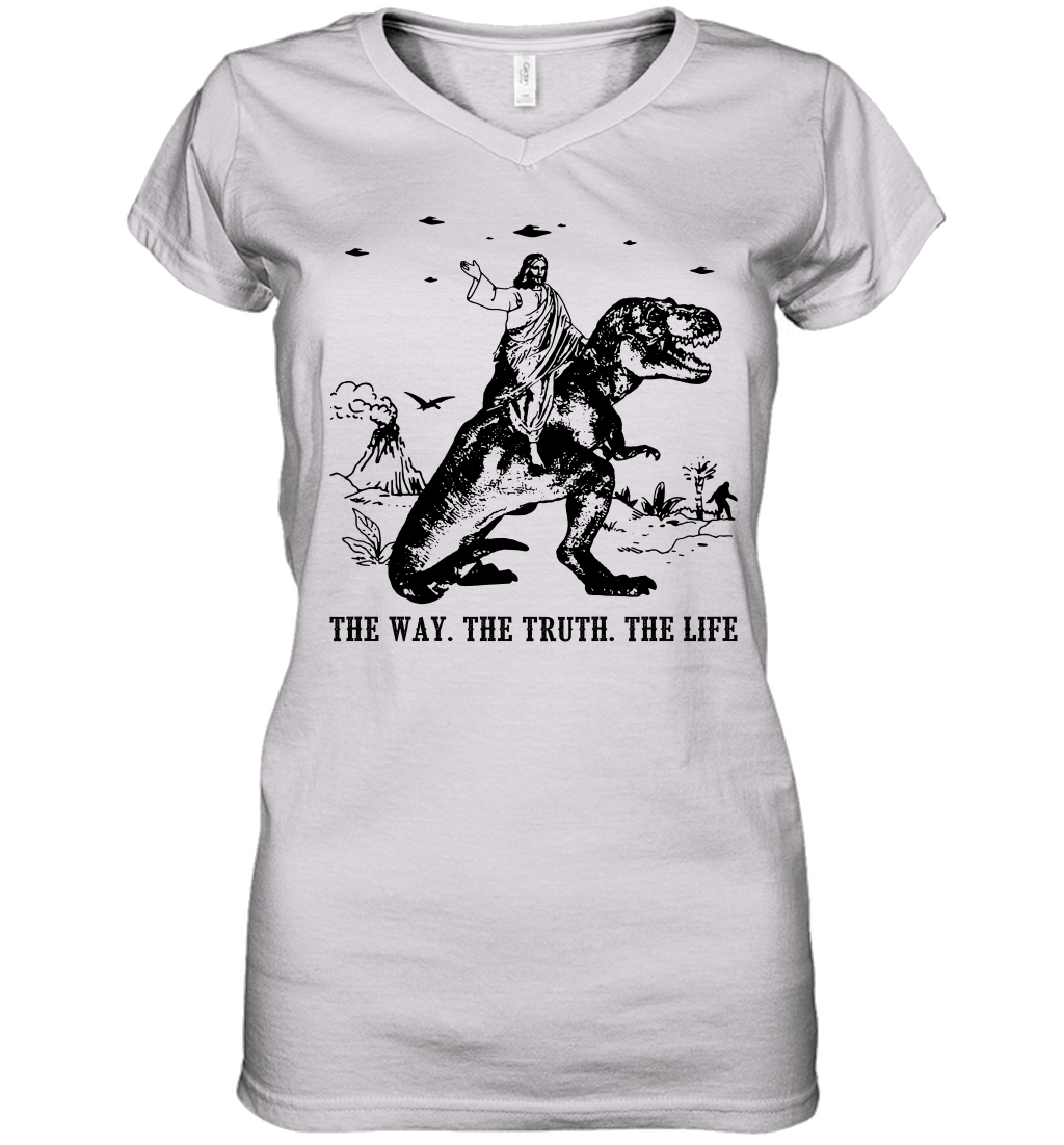 Jesus Riding Dinosaur The Way. The Truth. The Life Women's V-Neck T-Shirt