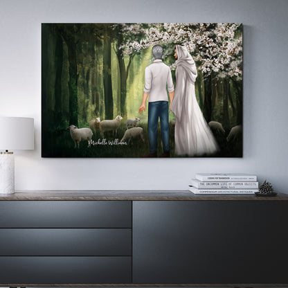 Personalized Man First Day In Heaven Walking With Jesus Among The Lambs Canvas Prints And Poster