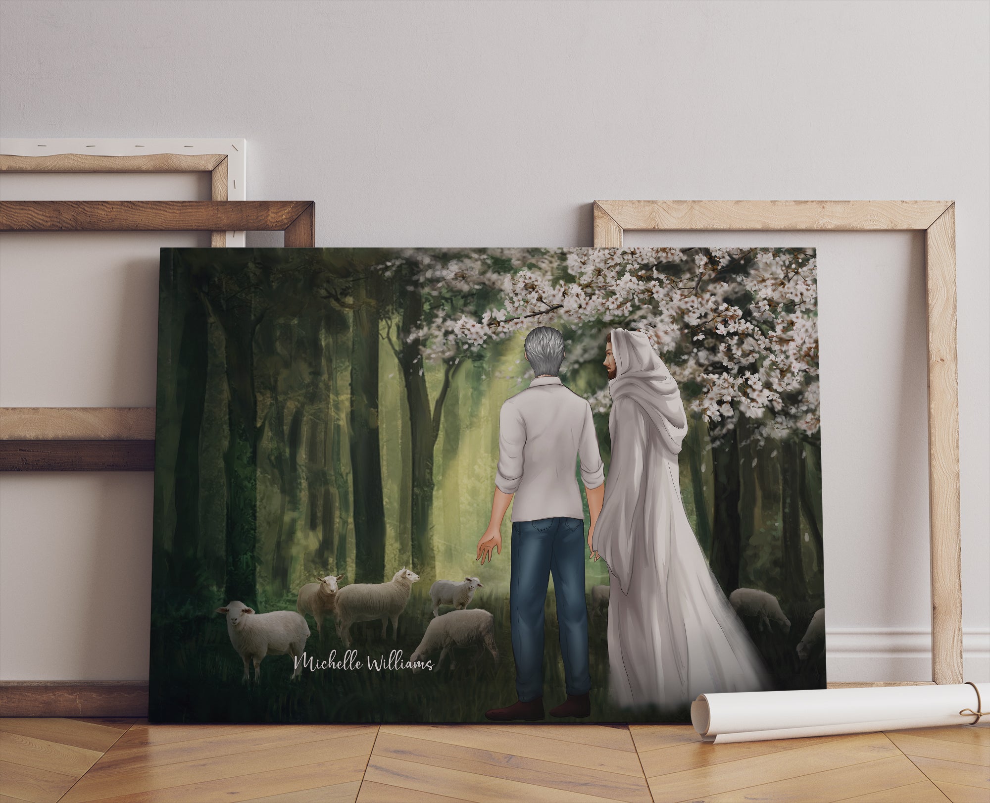 Personalized Man First Day In Heaven Walking With Jesus Among The Lambs Canvas Prints And Poster