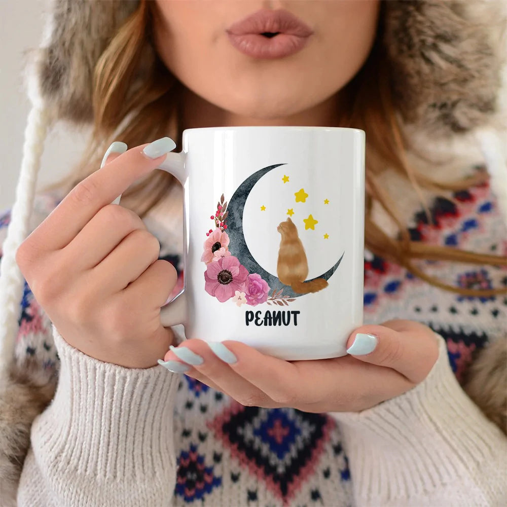 Personalized Cat Sitting On Moon And Flower, Floral Moon Cat  White Edge-to-Edge Mug (NEW)