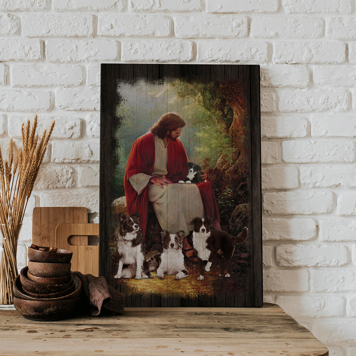 Jesus Christ And Border Collie Dog Around Canvas Prints And Poster