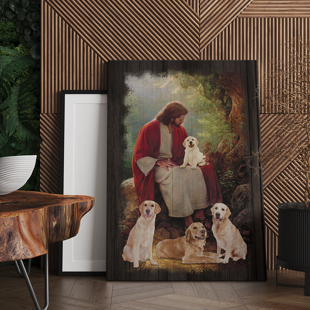 Jesus Christ And Golden Retriever Dog Around Canvas Prints And Poster