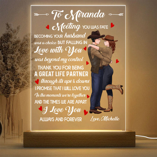 Personalized Couple Cowboy To My Wife Meeting You Was Fate Becoming Your Husband Was A Choice Acrylic Plaque LED Light Night