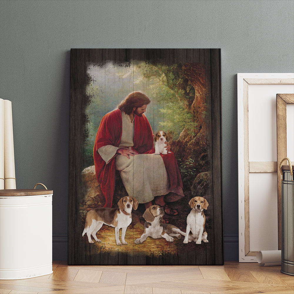 Jesus Christ And Beagle Dog Around Canvas Prints
