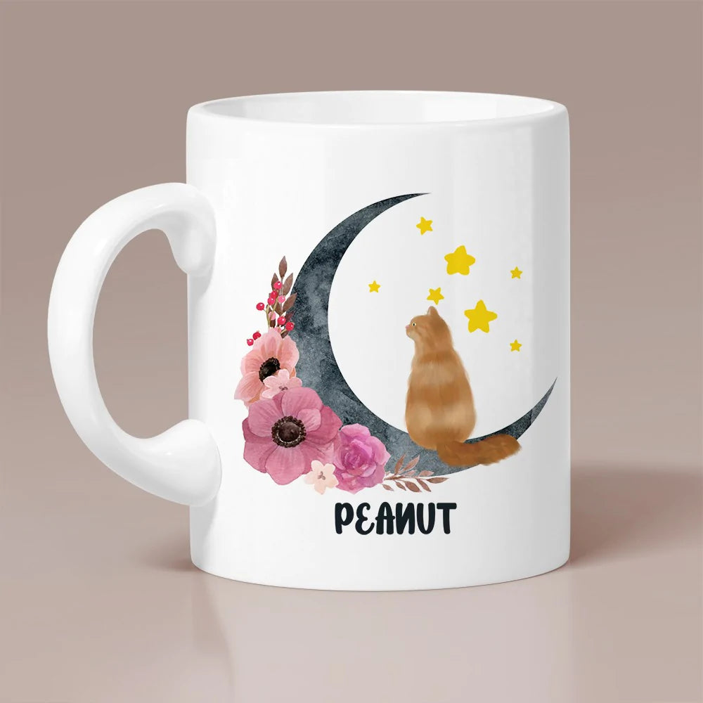 Personalized Cat Sitting On Moon And Flower, Floral Moon Cat  White Edge-to-Edge Mug (NEW)