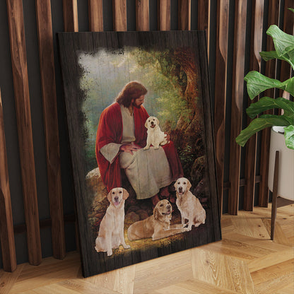 Jesus Christ And Golden Retriever Dog Around Canvas Prints And Poster