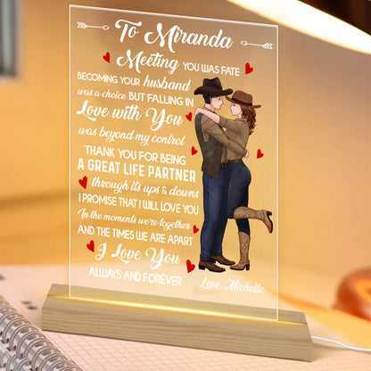 Personalized Couple Cowboy To My Wife Meeting You Was Fate Becoming Your Husband Was A Choice Acrylic Plaque LED Light Night