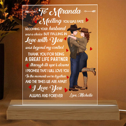 Personalized Couple Cowboy To My Wife Meeting You Was Fate Becoming Your Husband Was A Choice Acrylic Plaque LED Light Night