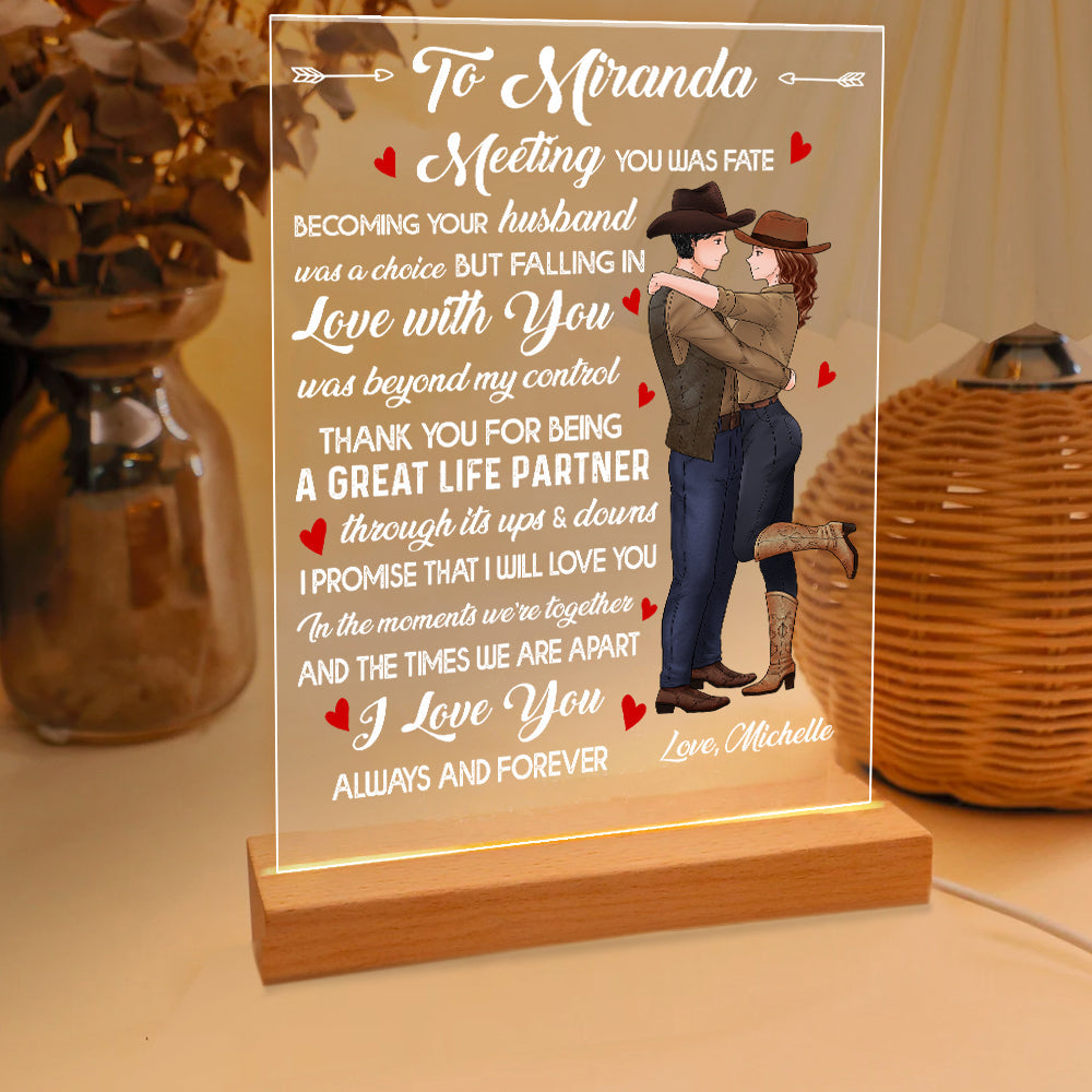 Personalized Couple Cowboy To My Wife Meeting You Was Fate Becoming Your Husband Was A Choice Acrylic Plaque LED Light Night