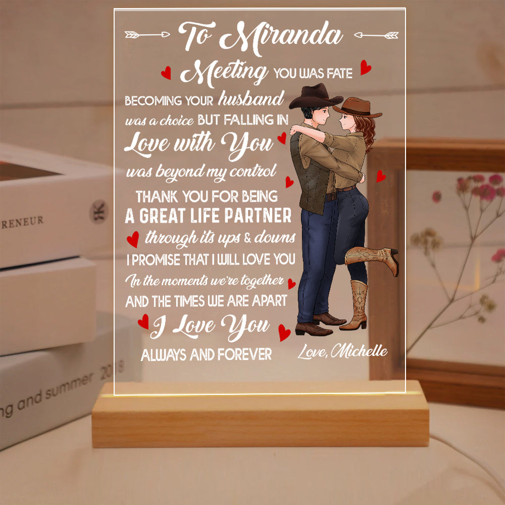 Personalized Couple Cowboy To My Wife Meeting You Was Fate Becoming Your Husband Was A Choice Acrylic Plaque LED Light Night