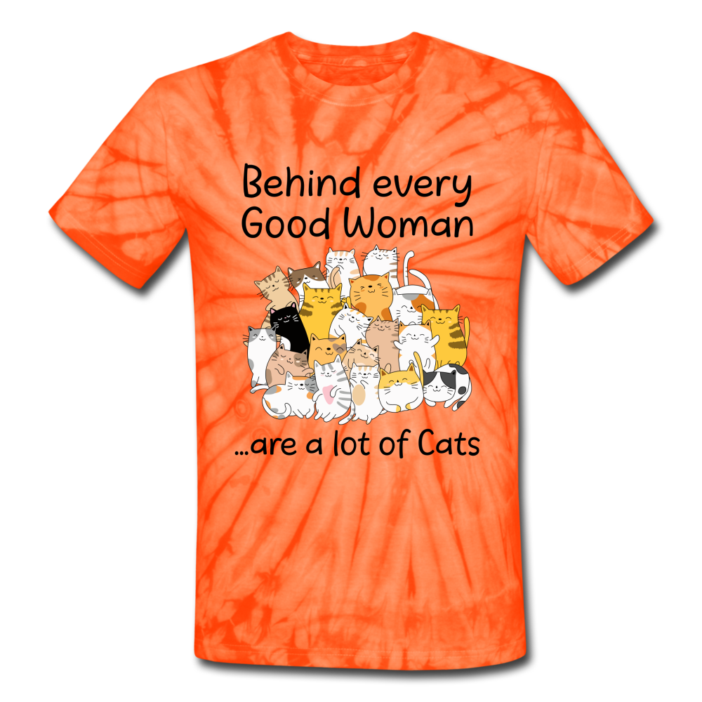 Behind Every Good Woman ...Are A Lot Of Cats Unisex Tie Dye T-Shirt - spider orange