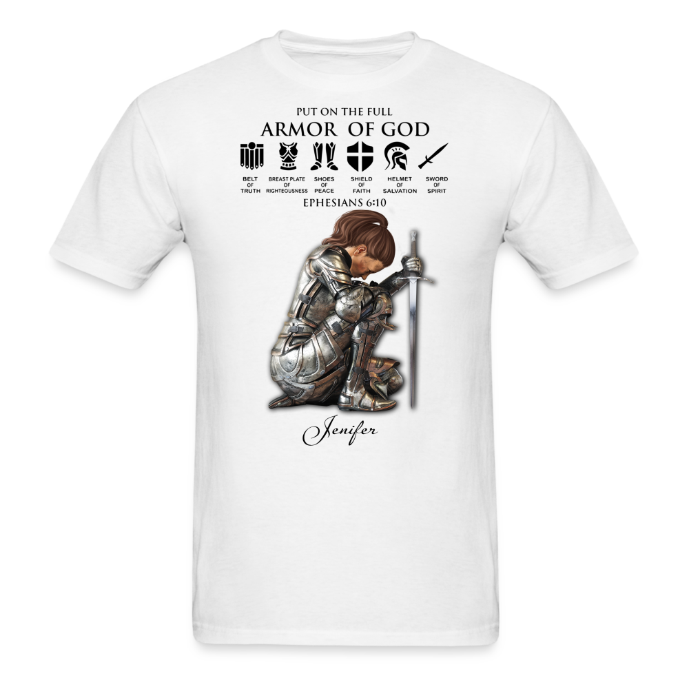 Personalized Custom Name, Skin Tone And Hairstyles Woman Warrior Of God Put On The Full Armor Of God Ephesians 6-10 T-Shirt - white