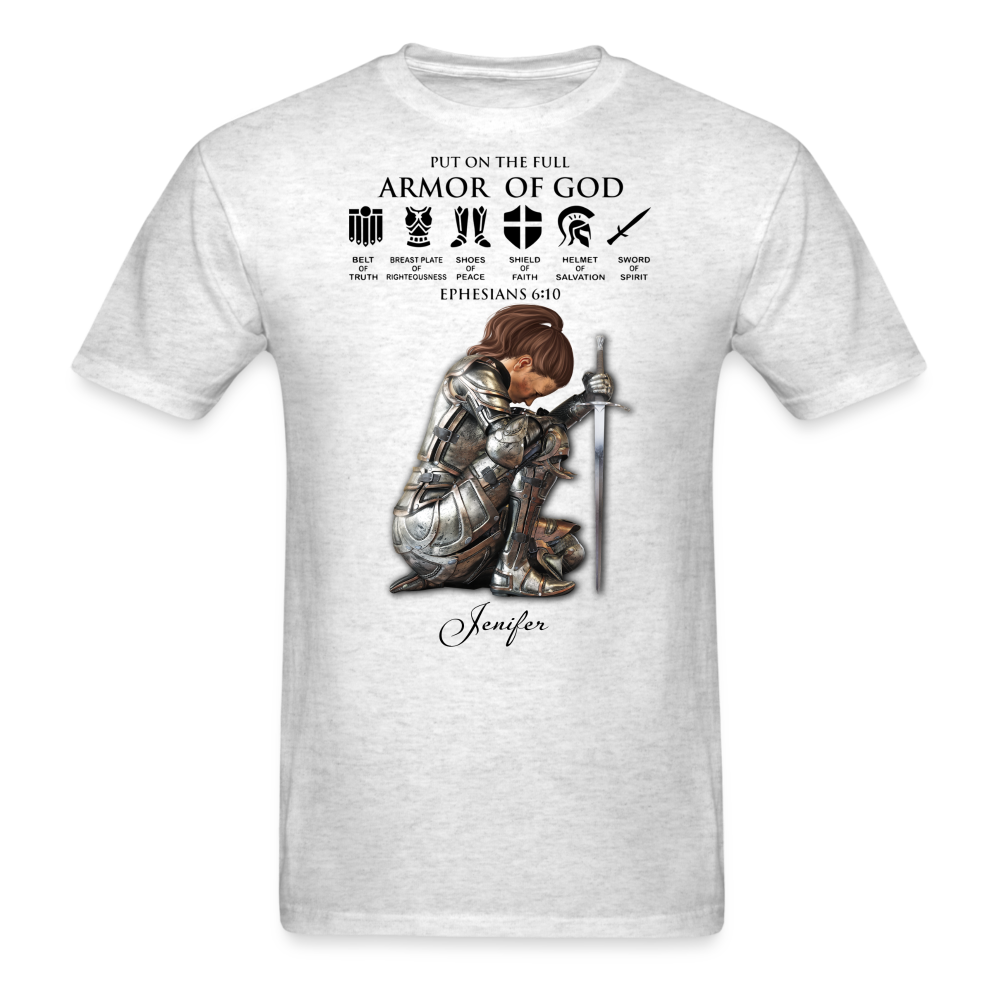 Personalized Custom Name, Skin Tone And Hairstyles Woman Warrior Of God Put On The Full Armor Of God Ephesians 6-10 T-Shirt - light heather gray