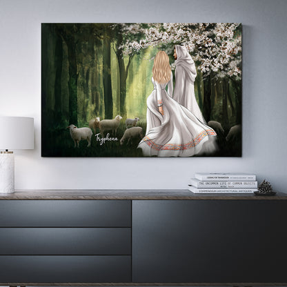 Personalized Woman First Day In Heaven Walking With Jesus Among The Lambs Canvas Prints And Poster