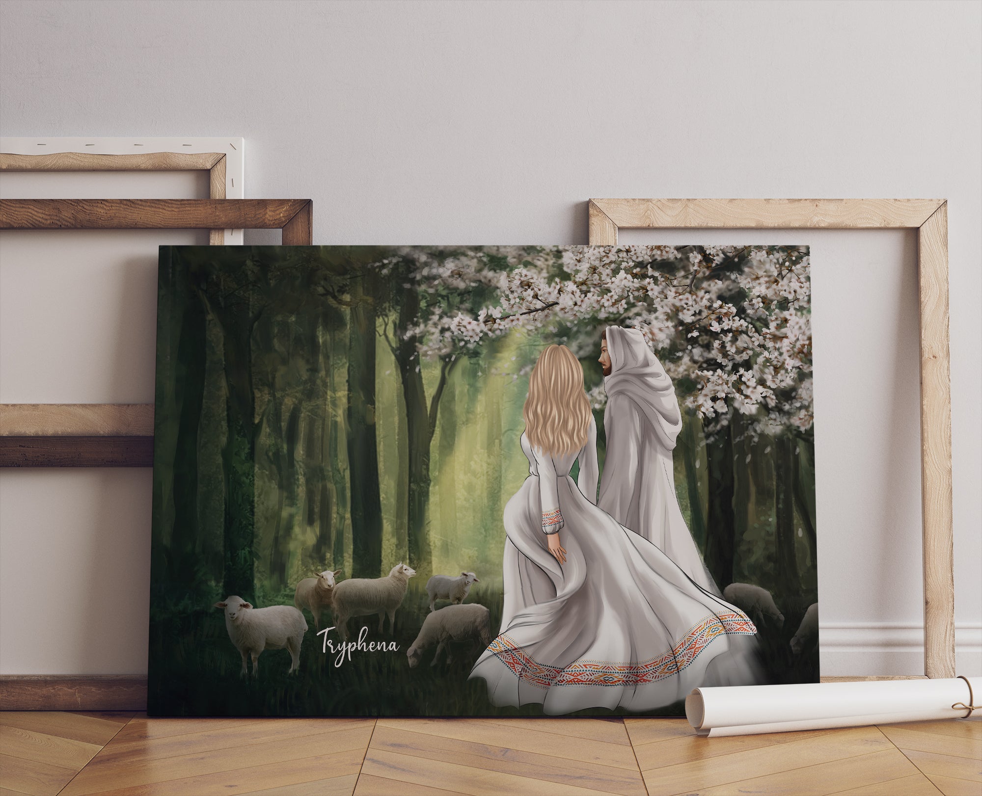 Personalized Woman First Day In Heaven Walking With Jesus Among The Lambs Canvas Prints And Poster